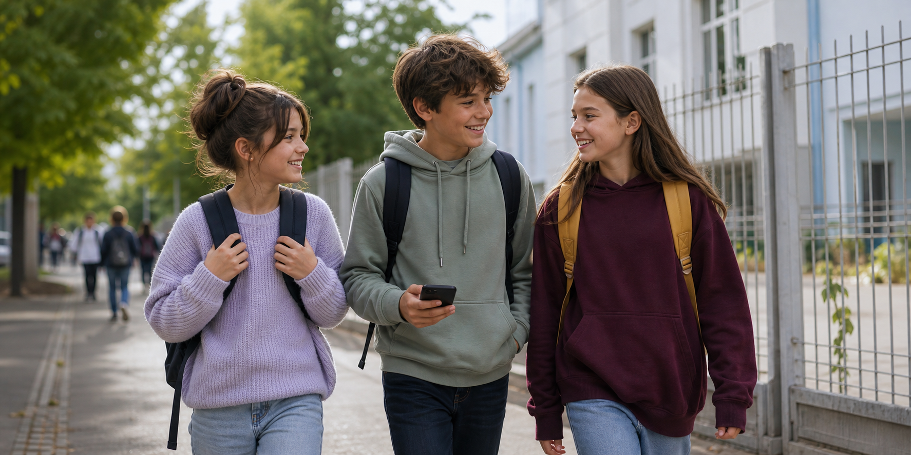 Three children walking together after school, one holding a phone casually.