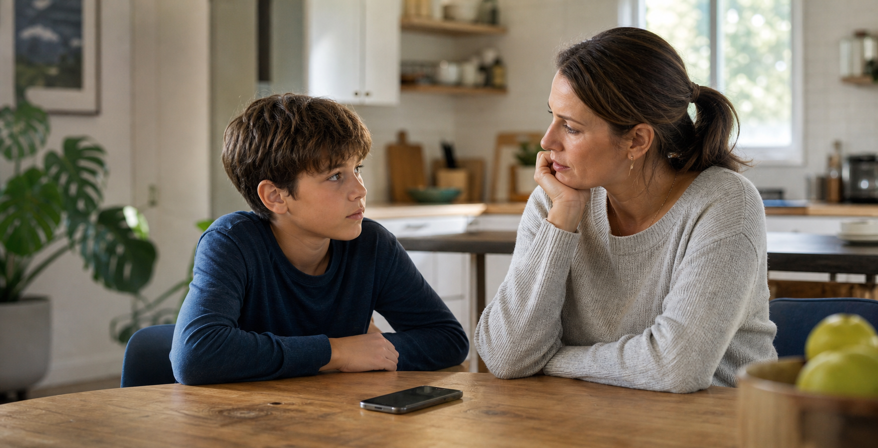 A parent and child sitting at a kitchen table with a phone between them.